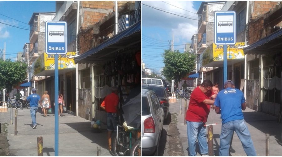 [Após 30 anos placa de sinalização de ônibus é colocada no bairro de Vila Ruy Barbosa]