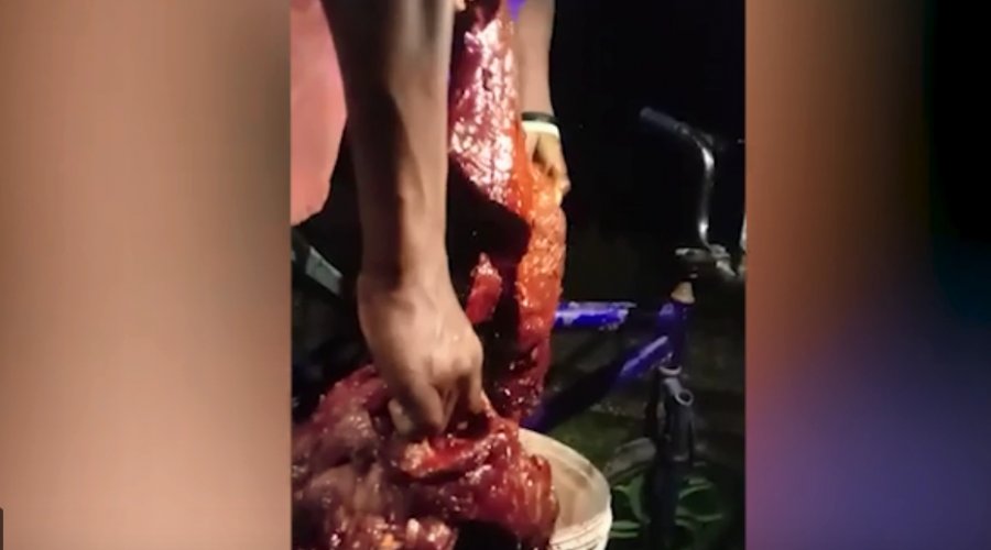 [População corta carne de baleia morta em Coutos para consumo]
