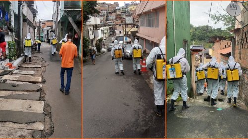 [Moradores acompanham de perto serviço de higienização em combate à dengue e Covid-19, em ruas...]
