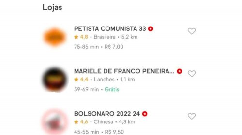 [iFood tem nomes de restaurantes alterados com frases que atacam Marielle Franco, apoio a Bolso...]